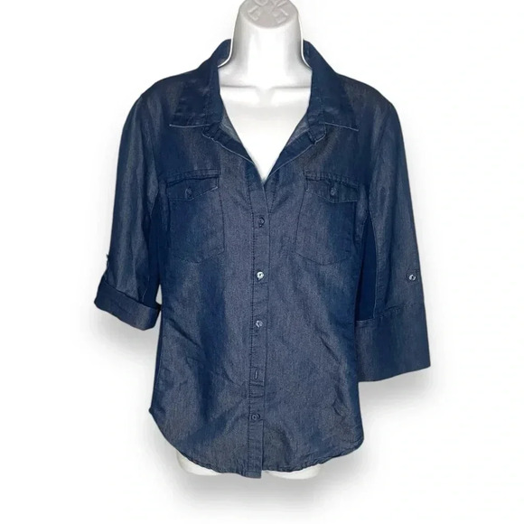 Cavalini Petite Collection Dark Wash Denim Shirt, PXL, ButtonUp with 3/4 Sleeves - Picture 1 of 8